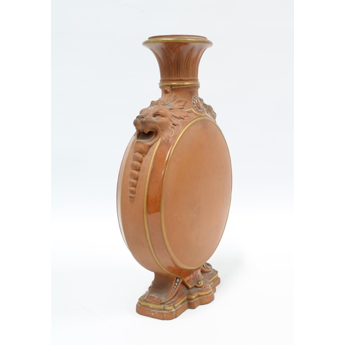 81 - 19th century terracotta moon flask vase with lion mask handles and painted floral pattern, (a/f with... 