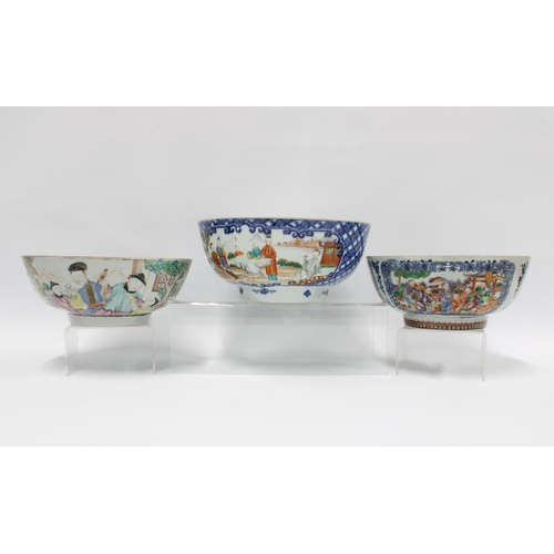 86 - Three 18th century Chinese porcelain punch bowls, (all a/f) (3) 26cm.