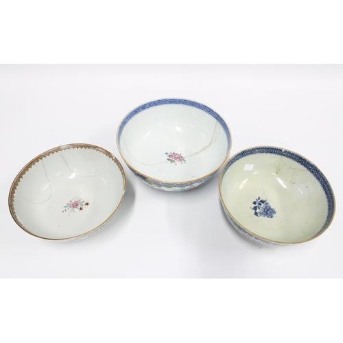 86 - Three 18th century Chinese porcelain punch bowls, (all a/f) (3) 26cm.