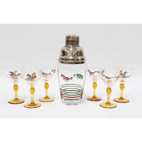 94 - Mid century cocktail shaker with matching set of six cocktail glasses, all painted with cockerels (7... 