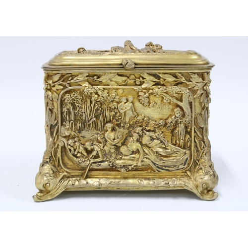 96 - 19th century ormolu caddy, likely French, with a pattern of classical figures within a laurel leaf b... 