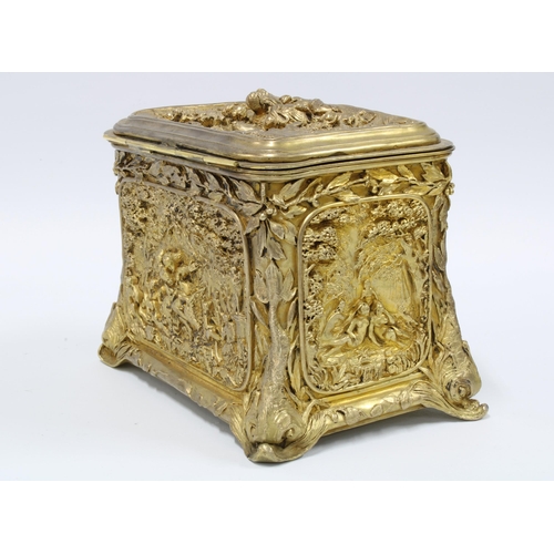 96 - 19th century ormolu caddy, likely French, with a pattern of classical figures within a laurel leaf b... 