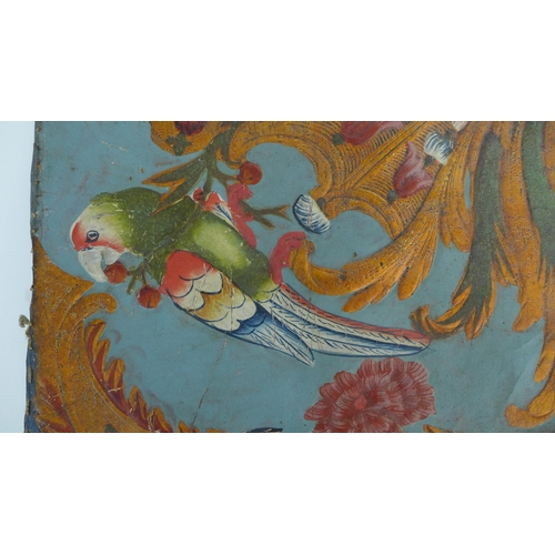 412 - Section of 19th century handpainted and embossed leather wall covering,  76 x 48cm