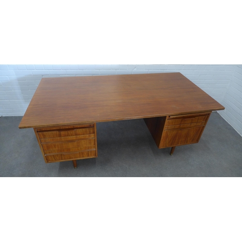 419 - Mid century desk, rectangular top and drawers with each pedestal on teak brass capped legs,. 75 x 18... 