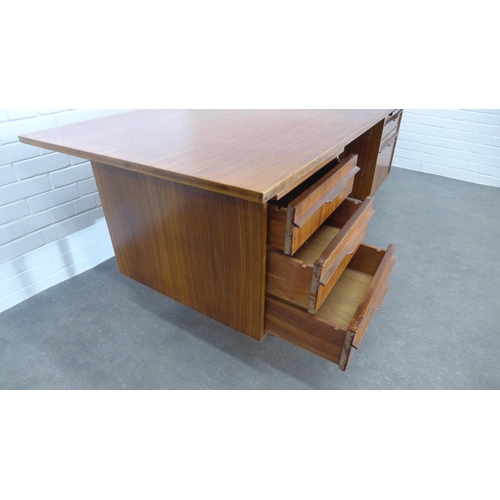 419 - Mid century desk, rectangular top and drawers with each pedestal on teak brass capped legs,. 75 x 18... 