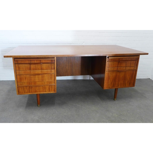 419 - Mid century desk, rectangular top and drawers with each pedestal on teak brass capped legs,. 75 x 18... 