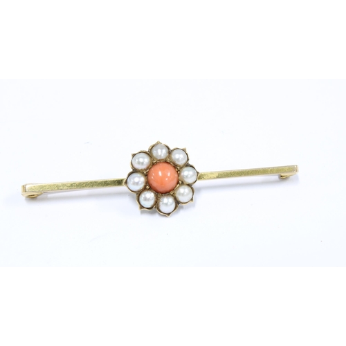 26 - 9ct gold lapis plaque ring, 9ct gold pearl and coral bar brooch, turquoise flowerhead ring, stamped ... 