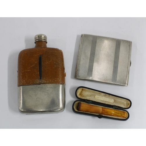 42 - Birmingham silver cigarette case, a leather and Epns mounted hip flask and a cased amber cheroot hol... 