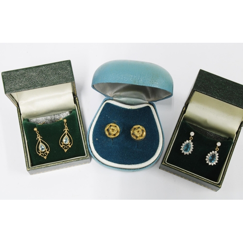 43 - Pair of 9ct gold flowerhead earrings and two pairs of gemset drop earrings (3)