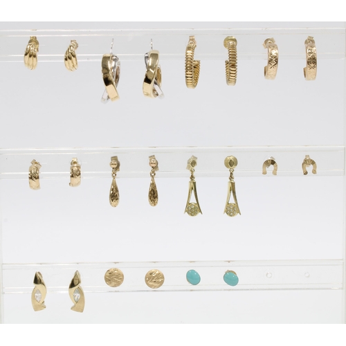 47 - 9 pairs 9ct gold earrings stamped 375, 9ct gold pendant, a 9ct gold scrap signet ring and five pairs... 
