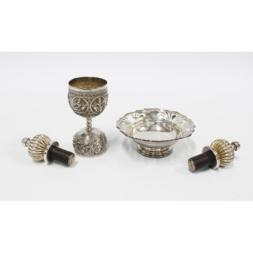 6 - Birmingham silver bonbon dish, Eastern white metal double ended goblet and a pair of silver plated b... 