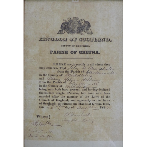 436 - 'Kingdom of Scotland County of Dumfries Parish of Gretna' 19th century marriage certificate, dated 2... 