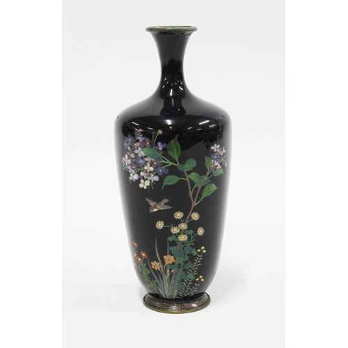 103 - Small Japanese cloisonne vase with bird and flowers on a blue ground, 15cm (a/f)