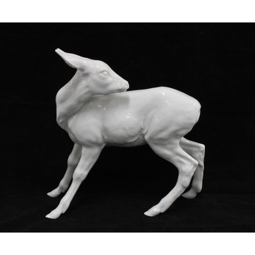 106 - Meissen white-glazed model of a deer, blue crossed swords mark and numbered D747, 20cm