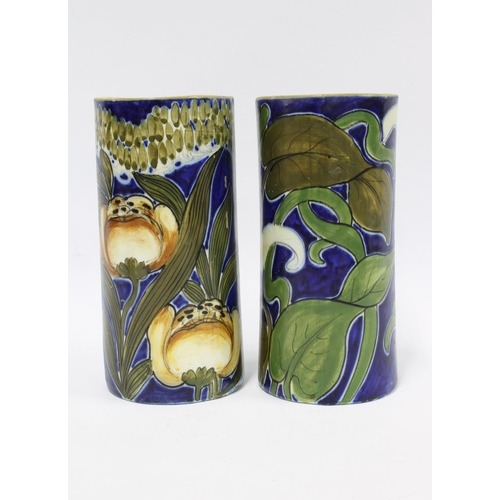 145 - Rare Salvini Italia, a pair of Art Nouveau cylindrical vases decorated with maidens and stylised fol... 