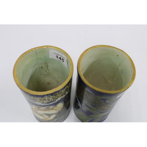 145 - Rare Salvini Italia, a pair of Art Nouveau cylindrical vases decorated with maidens and stylised fol... 