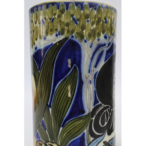 145 - Rare Salvini Italia, a pair of Art Nouveau cylindrical vases decorated with maidens and stylised fol... 