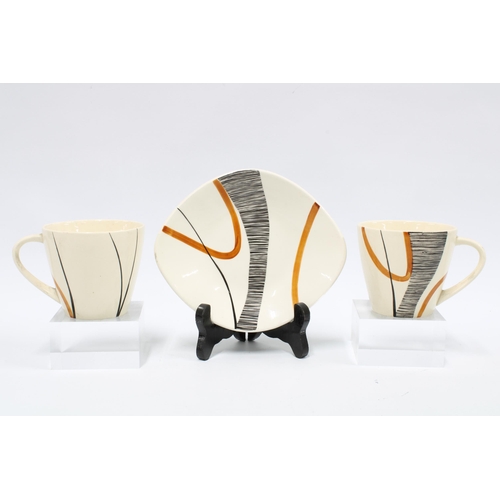 147 - Mid Century pottery coffee set, cream ground with orange and black pattern, comprising coffee pot, s... 