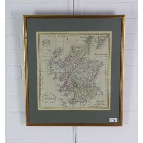 152 - Scotland with the Principal Roads from the best Authorities, coloured map, framed under glass, 35 x ... 