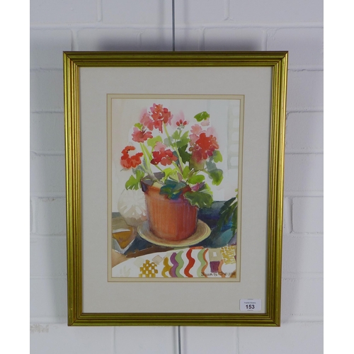 153 - Jean DS. Cheyne , pot of geraniums, still life watercolour, signed and framed under glass, 22 x 32cm