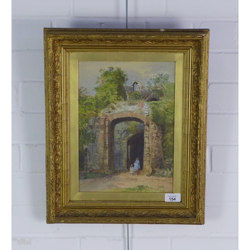 154 - Late 19th century watercolour with stone archway and two figures, apparently unsigned, under glass w... 