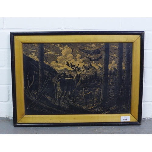 159 - Bistriceanu, Romania - ebonised sgraffito  panel depicting a stag in a forest, signed and dated 65, ... 