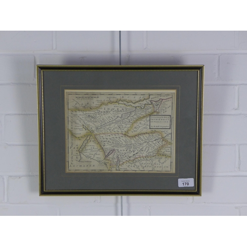 170 - H. Moll, coloured map of Inverness with Badenoch, framed under glass, 26 x 20cm