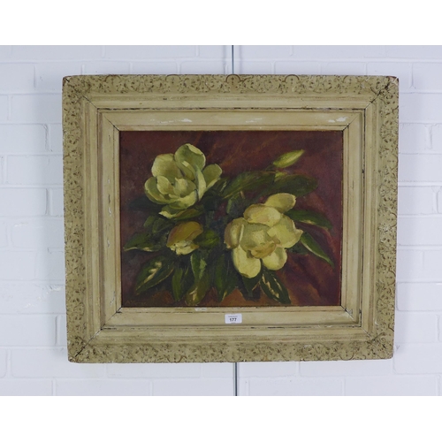 177 - Audrey Turner, Magnolias, oil on board, signed and in an ornate frame, partial label verso, 50 x 40c... 