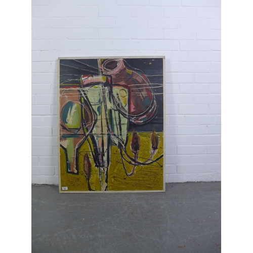 185 - Mid century abstract, oil on board, apparently signed indistinctly, framed, 70 x 90cm