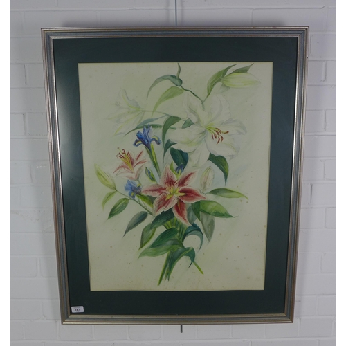 187 - Stargazer lilies and irises, watercolour, apparently unsigned, framed under glass, 55 x 70cm