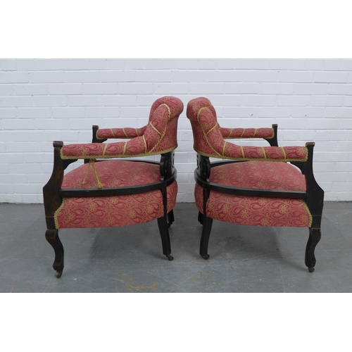 202 - Pair of mahogany framed tub open armchairs with padded upholstered backs, arms and stuffover seats, ... 