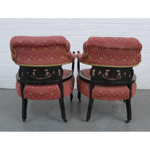 202 - Pair of mahogany framed tub open armchairs with padded upholstered backs, arms and stuffover seats, ... 