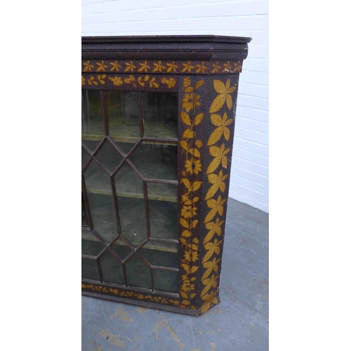 209 - A late 19th / early 20th century pokerwork glazed corner cabinet opening to reveal a green velvet sh... 