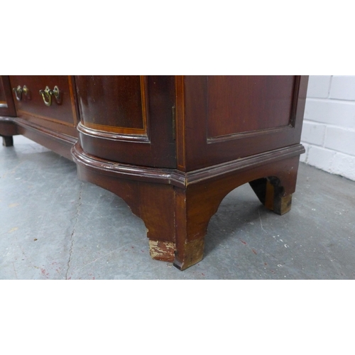 211 - Mahogany and inlaid display cabinet, inverted top over a central cupboard door and two short drawers... 