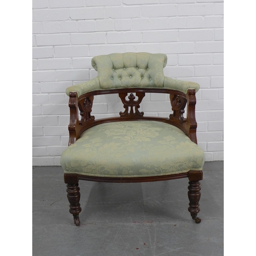 224 - Mahogany framed tub open armchair with sage damask buttonback upholstery. 78 x 65 x 60cm.