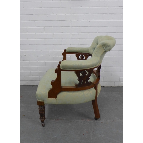 224 - Mahogany framed tub open armchair with sage damask buttonback upholstery. 78 x 65 x 60cm.