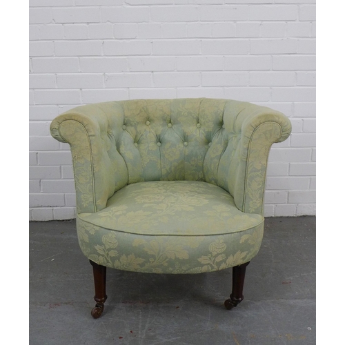 225 - Mahogany framed tub open armchair with sage damask buttonback upholstery.  65 x 82 x 59cm.