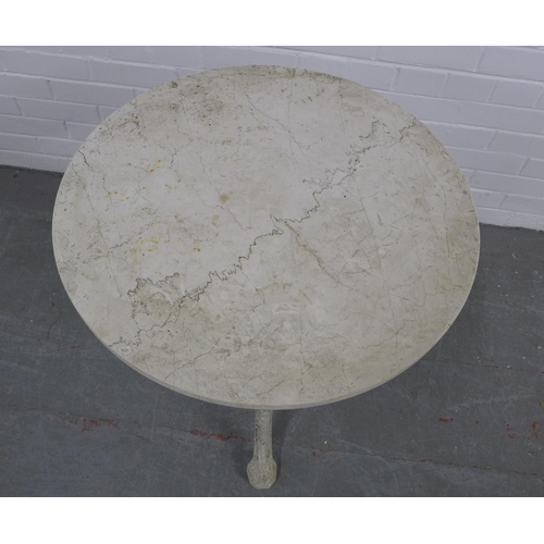 226 - White painted metal garden table with a circular hardstone top. 68 x 62cm.