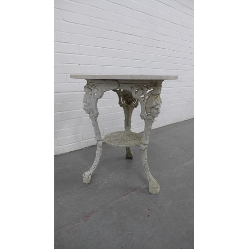 226 - White painted metal garden table with a circular hardstone top. 68 x 62cm.