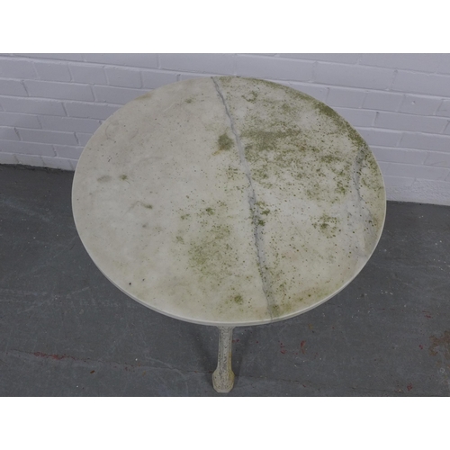 227 - White painted metal garden table with a circular hardstone top. 68 x 62cm.