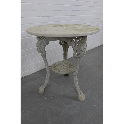 227 - White painted metal garden table with a circular hardstone top. 68 x 62cm.