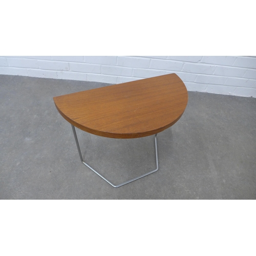 236 - Retro teak demi lune table on a chromed base. 38 x 50 x 25cm.