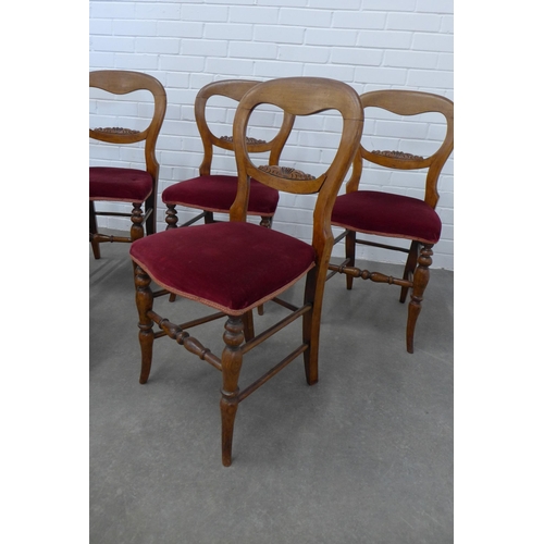 240 - Set  of six mahogany balloon back chairs with red upholstered seats. 82 x 41 x 37cm. (6)