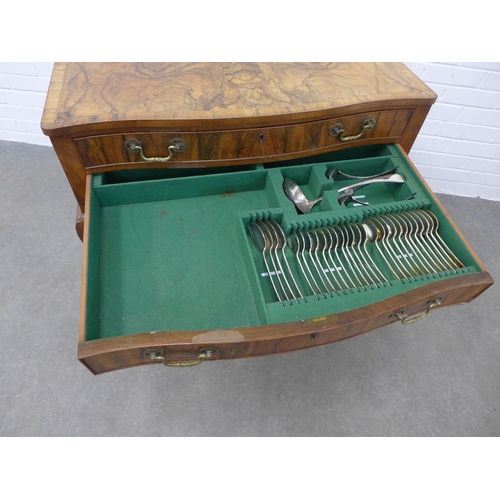 247 - Burr walnut cutlery canteen table containing a suite of Epns flatware. 81 x 82 x 51cm.