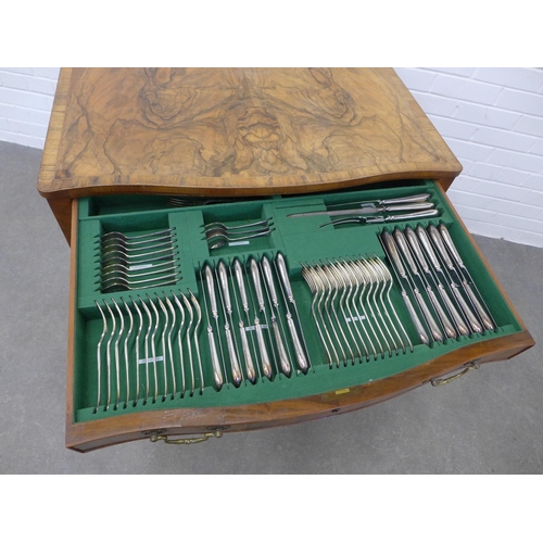 247 - Burr walnut cutlery canteen table containing a suite of Epns flatware. 81 x 82 x 51cm.