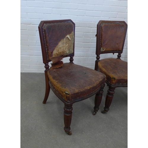 248 - Set of four Victorian mahogany chairs with worn leather upholstery (A/F) 90 x 48 x 42cm. (4)