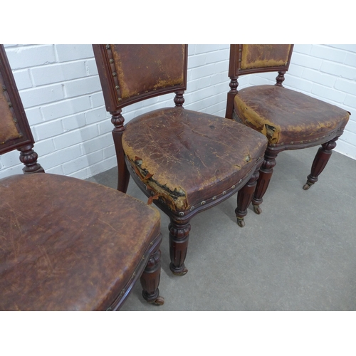 248 - Set of four Victorian mahogany chairs with worn leather upholstery (A/F) 90 x 48 x 42cm. (4)