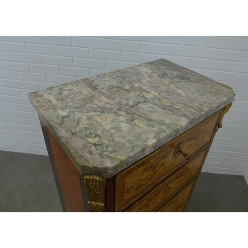 258 - Inlaid cabinet / chest, marble top with five drawers, with gilt metal mounts and cabriole legs,  128... 