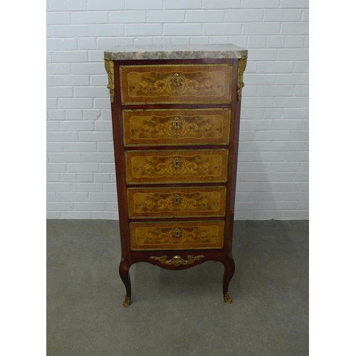 258 - Inlaid cabinet / chest, marble top with five drawers, with gilt metal mounts and cabriole legs,  128... 