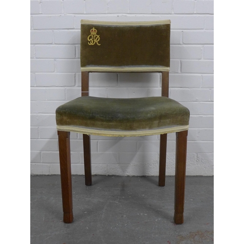 273 - George VI limed oak Coronation chair, by W.Hands and Son, blue velvet upholstery with royal emblem, ... 